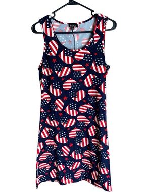 Patriotic Heart Print Tank Dress - Navy, Red & White